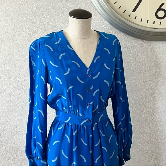 Vintage Blue Patterned Silk Long Sleeve Dress - Picture 2 of 4